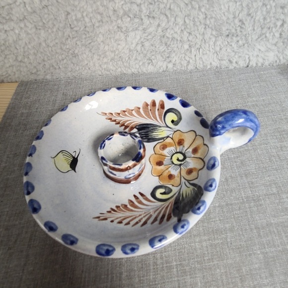 Tonala Other - Tonala Mexico Chamberstick Taper Candle Holder Pottery Butterfly Floral Signed